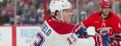 Montreal Canadiens right wing Cole Caufield (13) scores a goal against the Carolina Hurricanes during the second period at Lenovo Center.