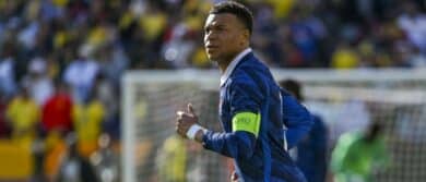 France forward Kylian Mbappe (10) runs across the field during the second half of an international friendly match against Colombia at Northwest Stadium
