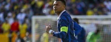 France forward Kylian Mbappe (10) runs across the field during the second half of an international friendly match against Colombia at Northwest Stadium