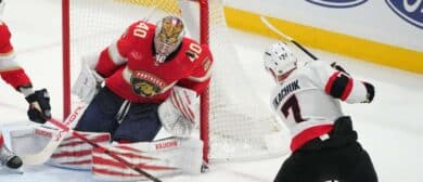 Florida Panthers goaltender Daniil Tarasov (40) blocks a shot by Ottawa Senators left wing Brady Tkachuk (7) during the third period at Amerant Bank Arena