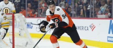 Philadelphia Flyers right wing Porter Martone (94) in action against the Boston Bruins in the third period at Xfinity Mobile Arena