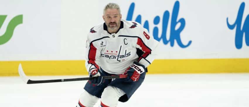 Washington Capitals left wing Alex Ovechkin (8) skates during the warmup before a game against the Toronto Maple Leafs at Scotiabank Arena.