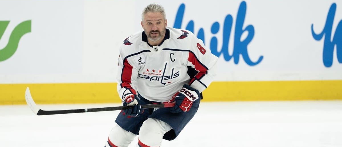 Washington Capitals left wing Alex Ovechkin (8) skates during the warmup before a game against the Toronto Maple Leafs at Scotiabank Arena.