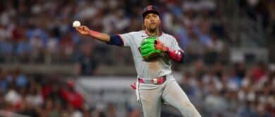 Cleveland Guardians third baseman Jose Ramirez (11) throws a runner out at first against the Atlanta Braves in the sixth inning at Truist Park