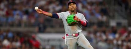 Cleveland Guardians third baseman Jose Ramirez (11) throws a runner out at first against the Atlanta Braves in the sixth inning at Truist Park