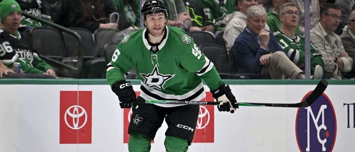 Dallas Stars right wing Mikko Rantanen (96) skates against the Minnesota Wild during the game between the Stars and the Wild at American Airlines Center