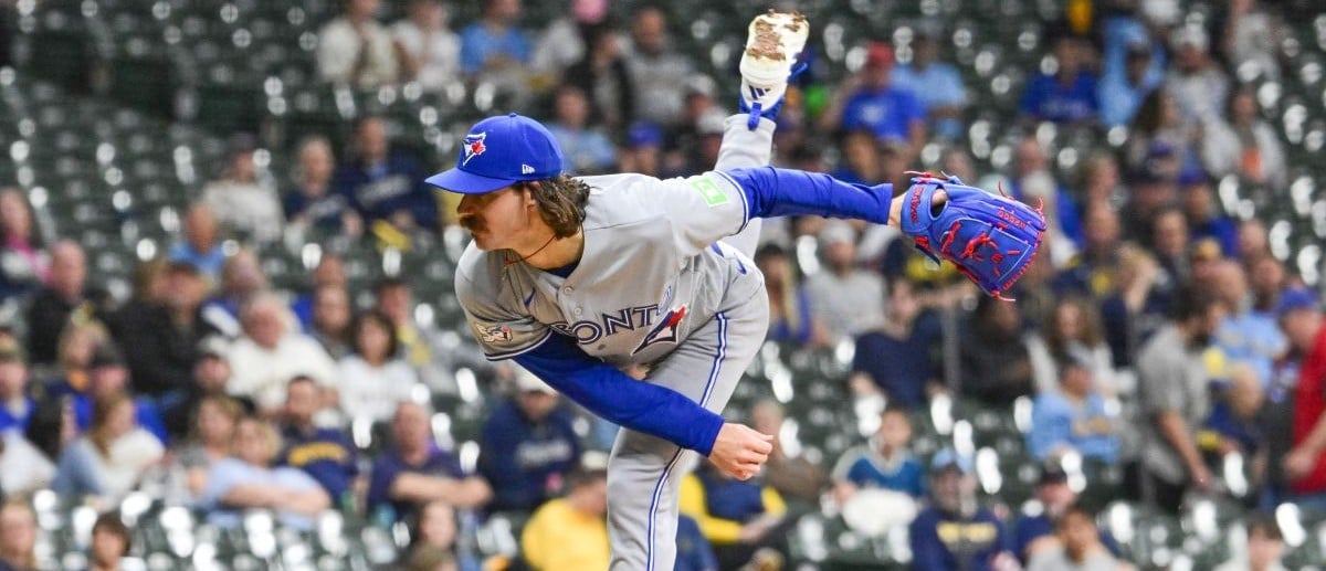 Toronto Blue Jays starting pitcher Dylan Cease (84) throws a pitch in the second inning against the Milwaukee Brewers at American Family Field.