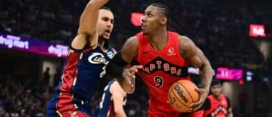Toronto Raptors forward RJ Barrett (9) drives to the basket against Cleveland Cavaliers guard Jaylon Tyson (20) during the second half of game one in the first round of the 2026 NBA Playoffs at Rocket Arena