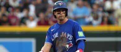 Toronto Blue Jays third baseman Ernie Clement (22) reacts after hitting a double against the Arizona Diamondbacks in the fith inning at Chase Field