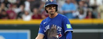 Toronto Blue Jays third baseman Ernie Clement (22) reacts after hitting a double against the Arizona Diamondbacks in the fith inning at Chase Field