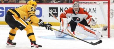 Philadelphia Flyers goaltender Dan Vladar (80) defends the net against Pittsburgh Penguins right wing Egor Chinakhov (59) during the third period in game two of the first round of the 2026 Stanley Cup Playoffs at PPG Paints Arena