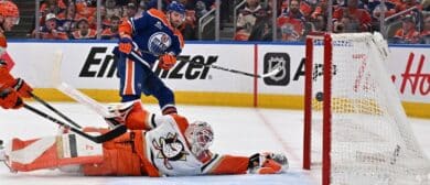 Edmonton Oilers center Jason Dickinson (16) watches the puck go past Anaheim Ducks goalie Lukas Dostal (1) in game one of the first round of the 2026 Stanley Cup Playoffs during the first period at Rogers Place