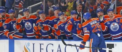 The Edmonton Oilers celebrate a goal scored by forward Leon Draisaitl (29) during the first period against the Anaheim Ducks in game two of the first round of the 2026 Stanley Cup Playoffs at Rogers Place
