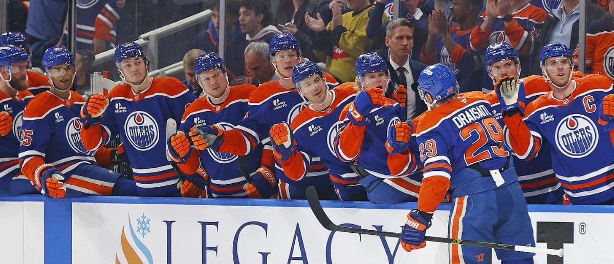 The Edmonton Oilers celebrate a goal scored by forward Leon Draisaitl (29) during the first period against the Anaheim Ducks in game two of the first round of the 2026 Stanley Cup Playoffs at Rogers Place