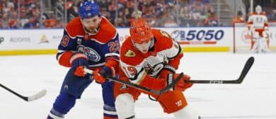 Edmonton Oilers forward Leon Draisaitl (29) and Anaheim Ducks forward Alex Killorn (17) battle for a loose puck during the second period in game two of the first round of the 2026 Stanley Cup Playoffs at Rogers Place.