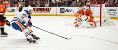Edmonton Oilers center Connor McDavid (97) with a shot on goal during the third period against the Anaheim Ducks in game four of the first round of the 2026 Stanley Cup Playoffs at Honda Center.