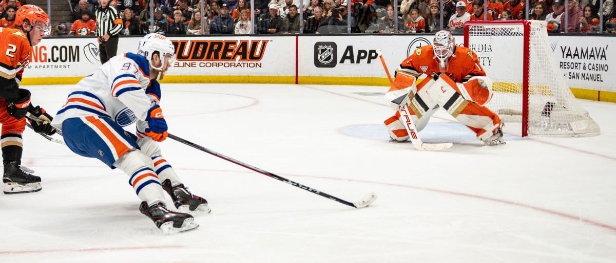 Edmonton Oilers center Connor McDavid (97) with a shot on goal during the third period against the Anaheim Ducks in game four of the first round of the 2026 Stanley Cup Playoffs at Honda Center.