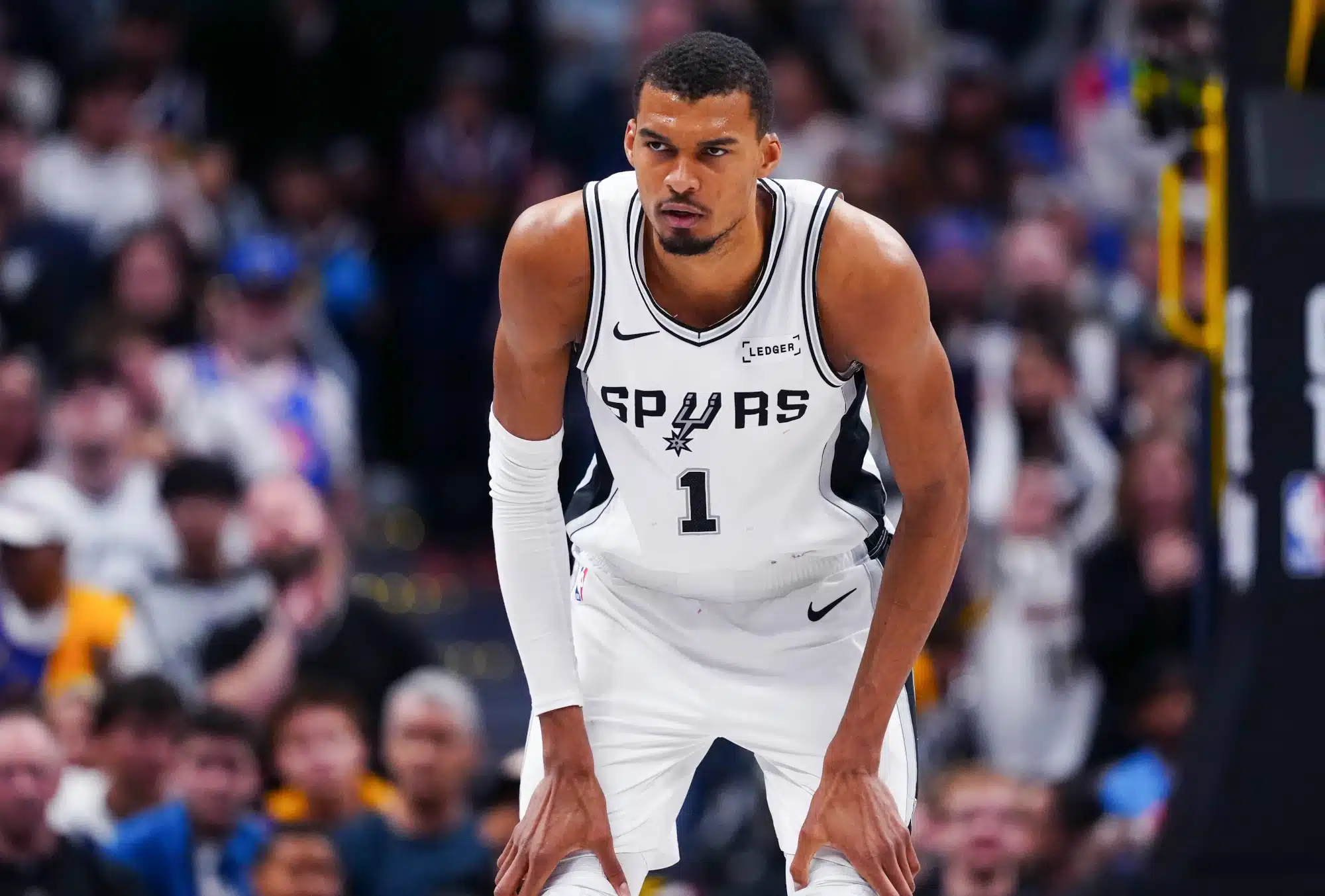 Apr 4, 2026; Denver, Colorado, USA; San Antonio Spurs forward Victor Wembanyama (1) during the second half against the Denver Nuggets at Ball Arena.