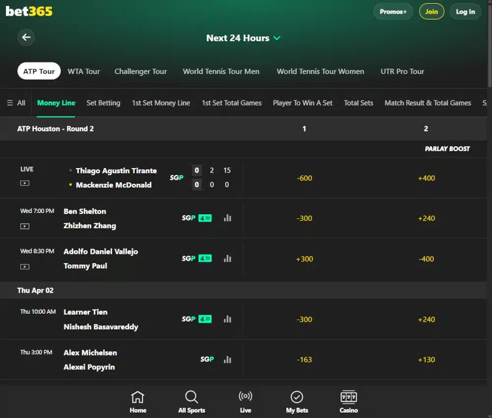 A desktop view screenshot of bet365's ATP Tour betting page.