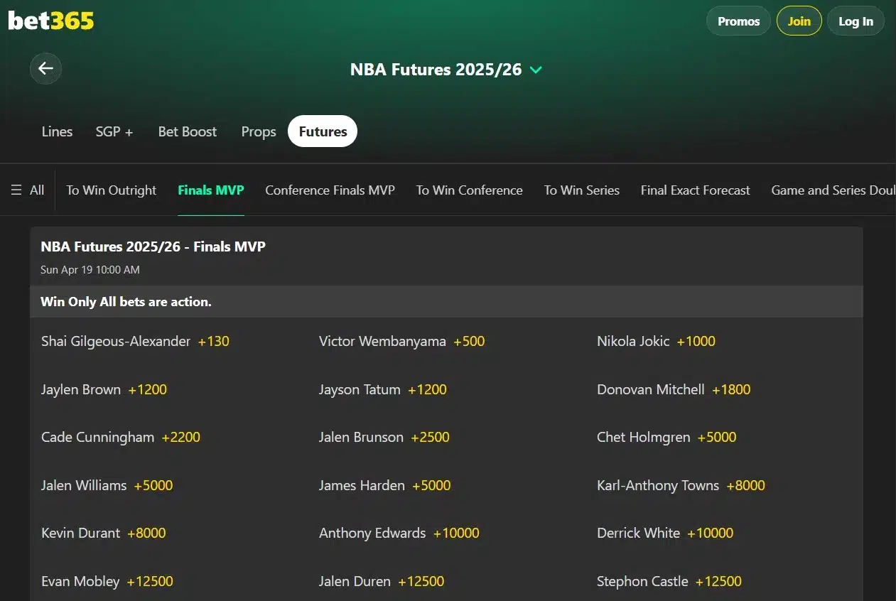 A screenshot of bet365's NBA Finals MVP odds