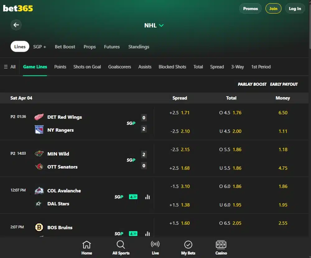A desktop screenshot of bet365's NHL betting page.