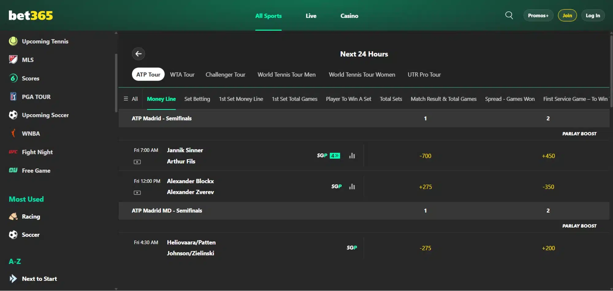 A desktop view screenshot of bet365's tennis betting page.