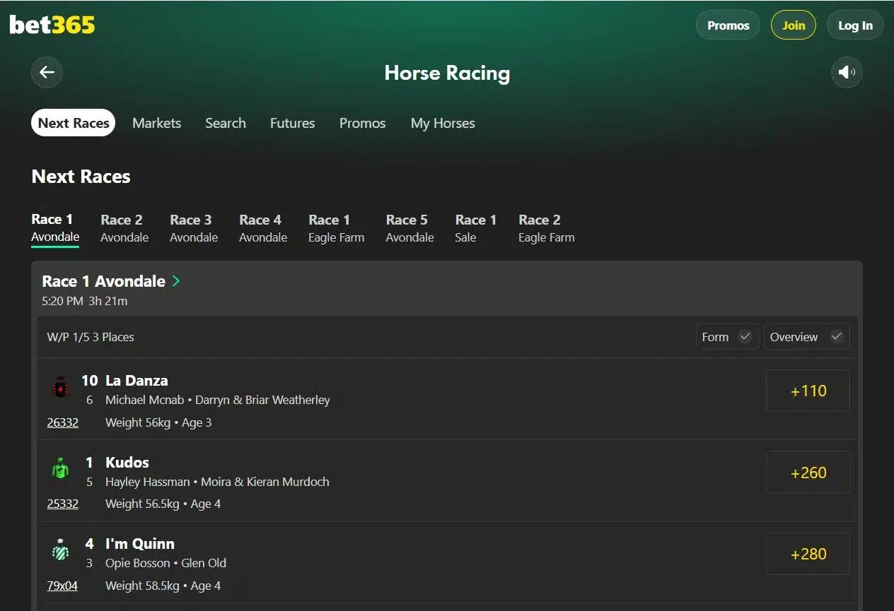 A screenshot view of bet365 horse racing betting site