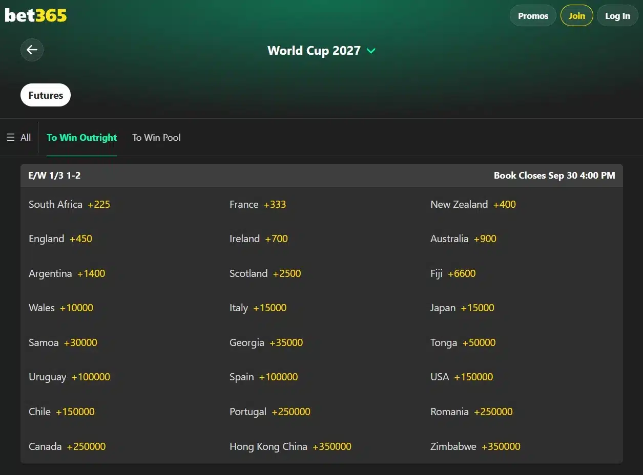 A screenshot view of bet365's Rugby world cup odds