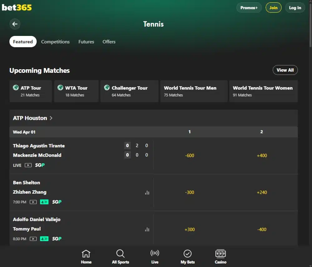 A desktop view screenshot of bet365's tennis betting page.