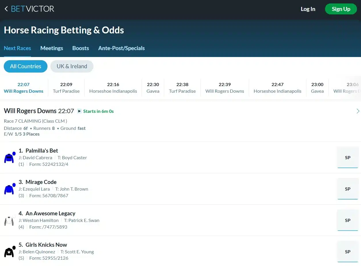 A screenshot view of Betvictor horse racing betting site
