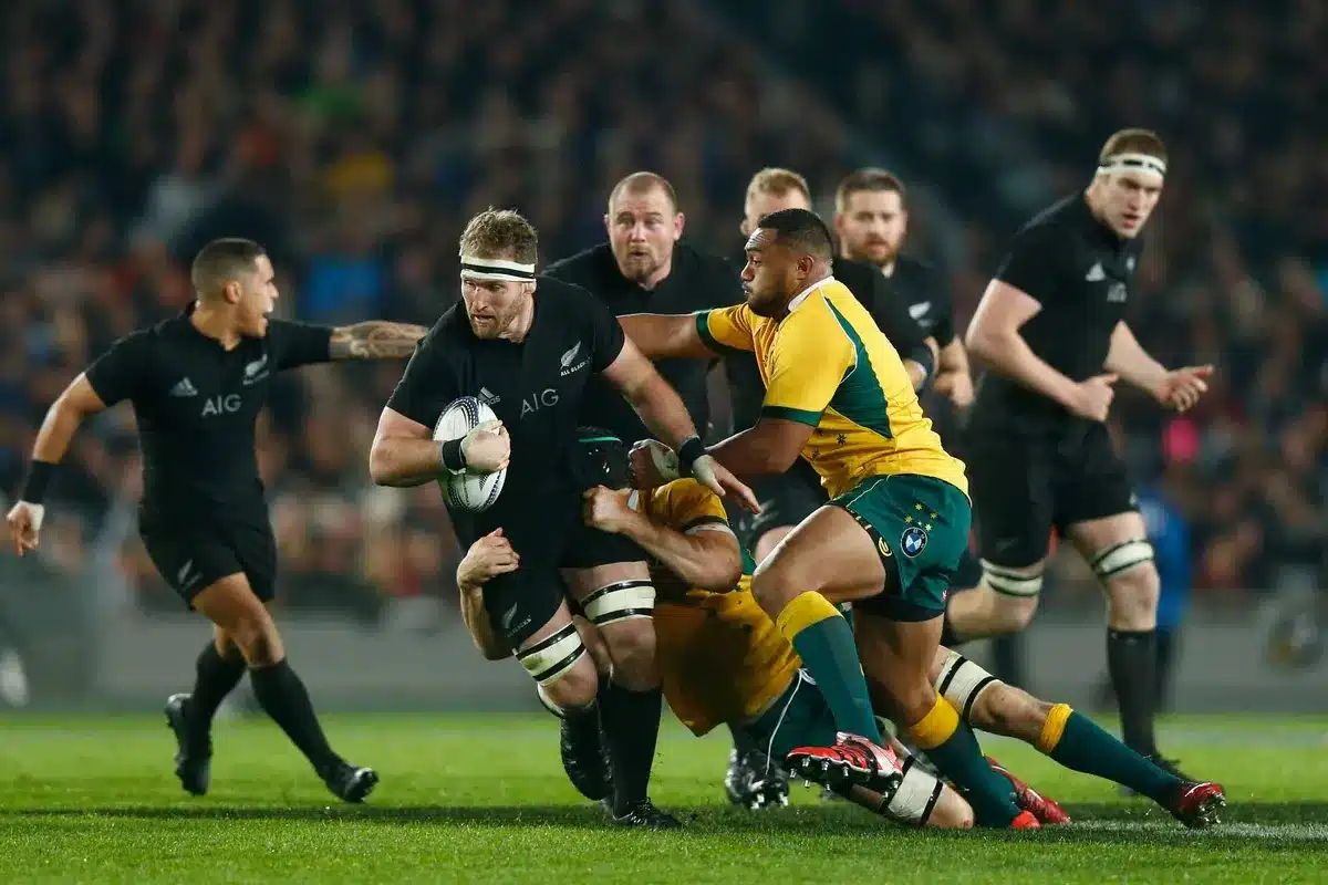 Kieran Read of the All Blacks is tackled during The Rugby Championship, Bledisloe Cup match between the New Zealand All Blacks and the Australian Wallabies at Eden Park 