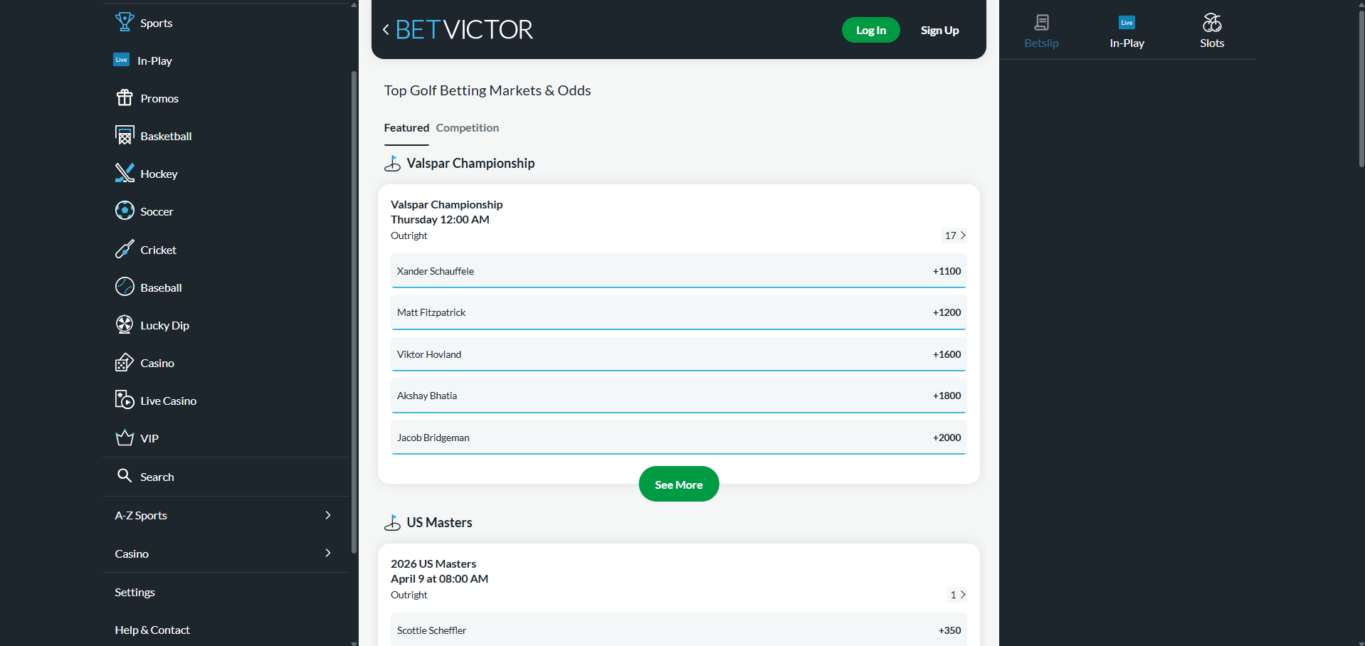 A desktop view screenshot of BetVictor's golf betting page.