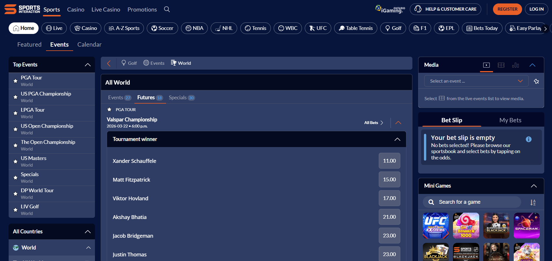 A desktop view screenshot of Sports Interaction's golf betting page.