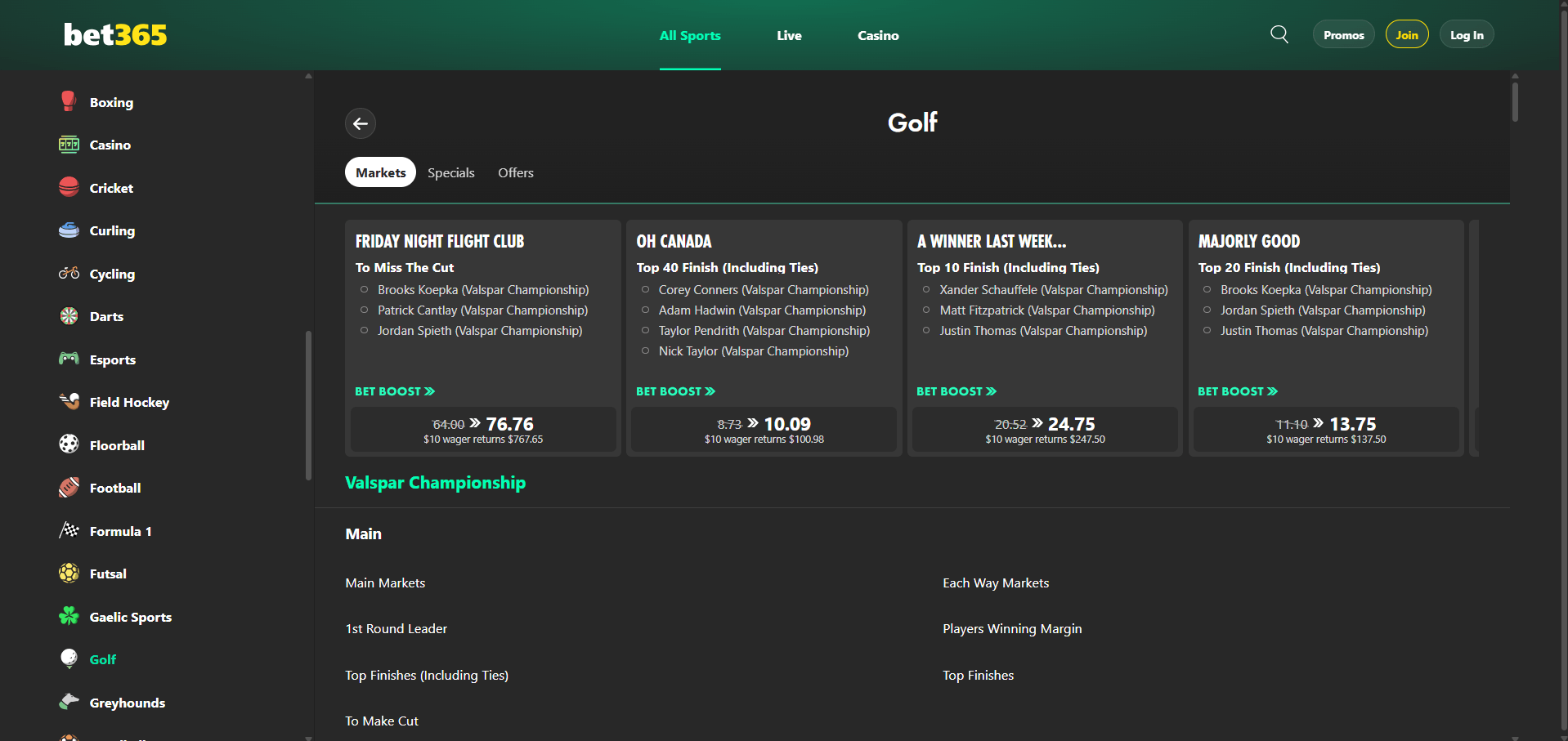 A desktop view screenshot of bet365's golf betting page.