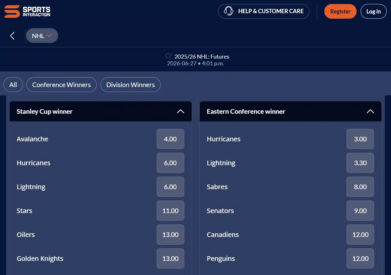 A screenshot view of Sports Interaction's stanley cup odds