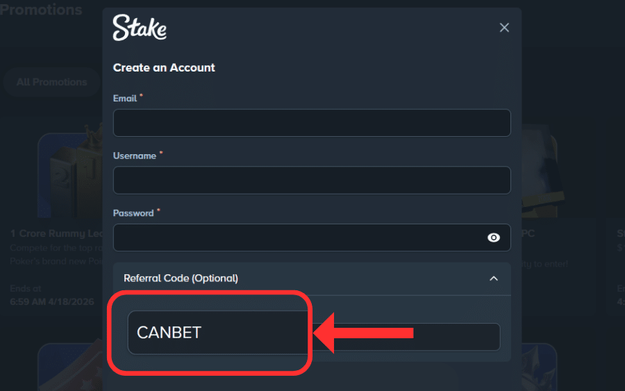 a screenshot that shows users where to place the stake referral code when signing up
