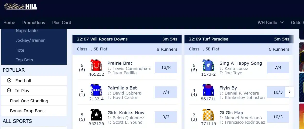 A screenshot view of William Hill horse racing betting site