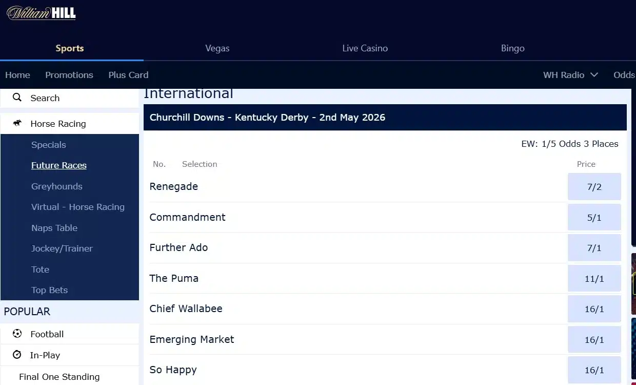 A screenshot from William Hill sportsbook displaying 2026 Kentucky Derby Odds