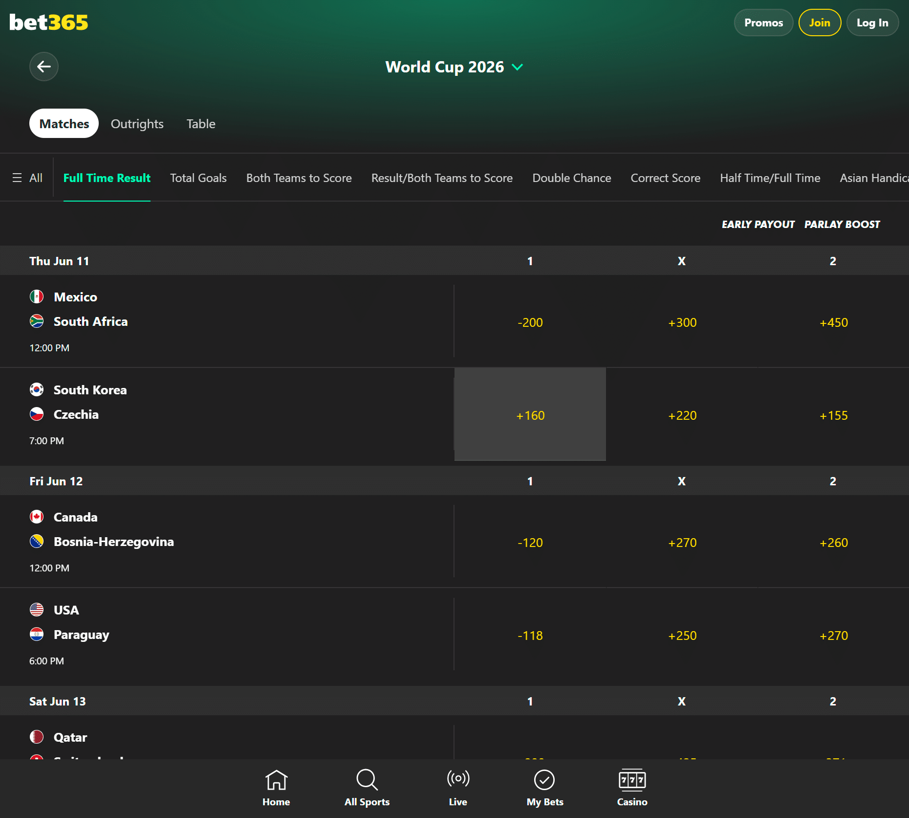 bet365 world cup betting screenshot