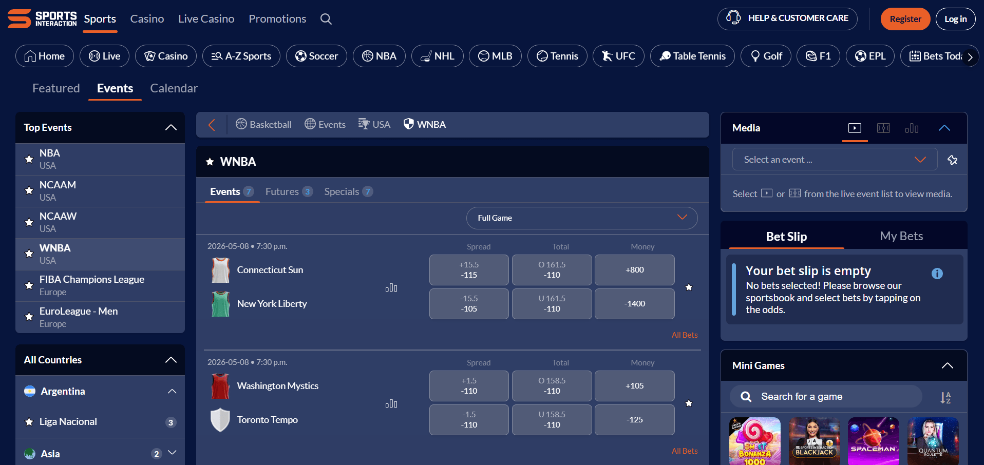 A desktop view screenshot of Sports Interaction's WNBA betting odds.