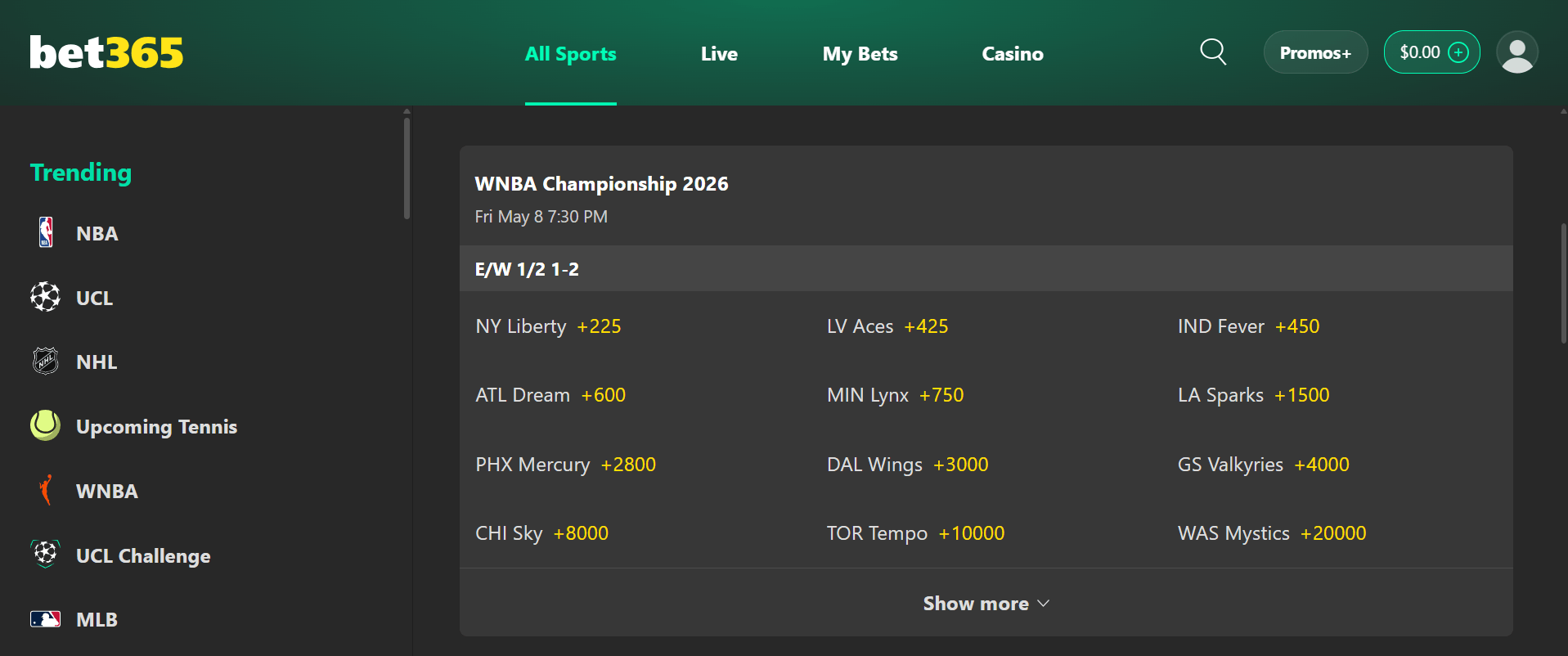 A desktop view screenshot of bet365's 2026 WNBA Championship betting odds.