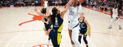 May 3, 2026; Austin, TX, USA; Las Vegas Aces center A’ja Wilson (22) drives to the basket against Dallas Wings forward Alanna Smith (8) during the first half at Moody Center.