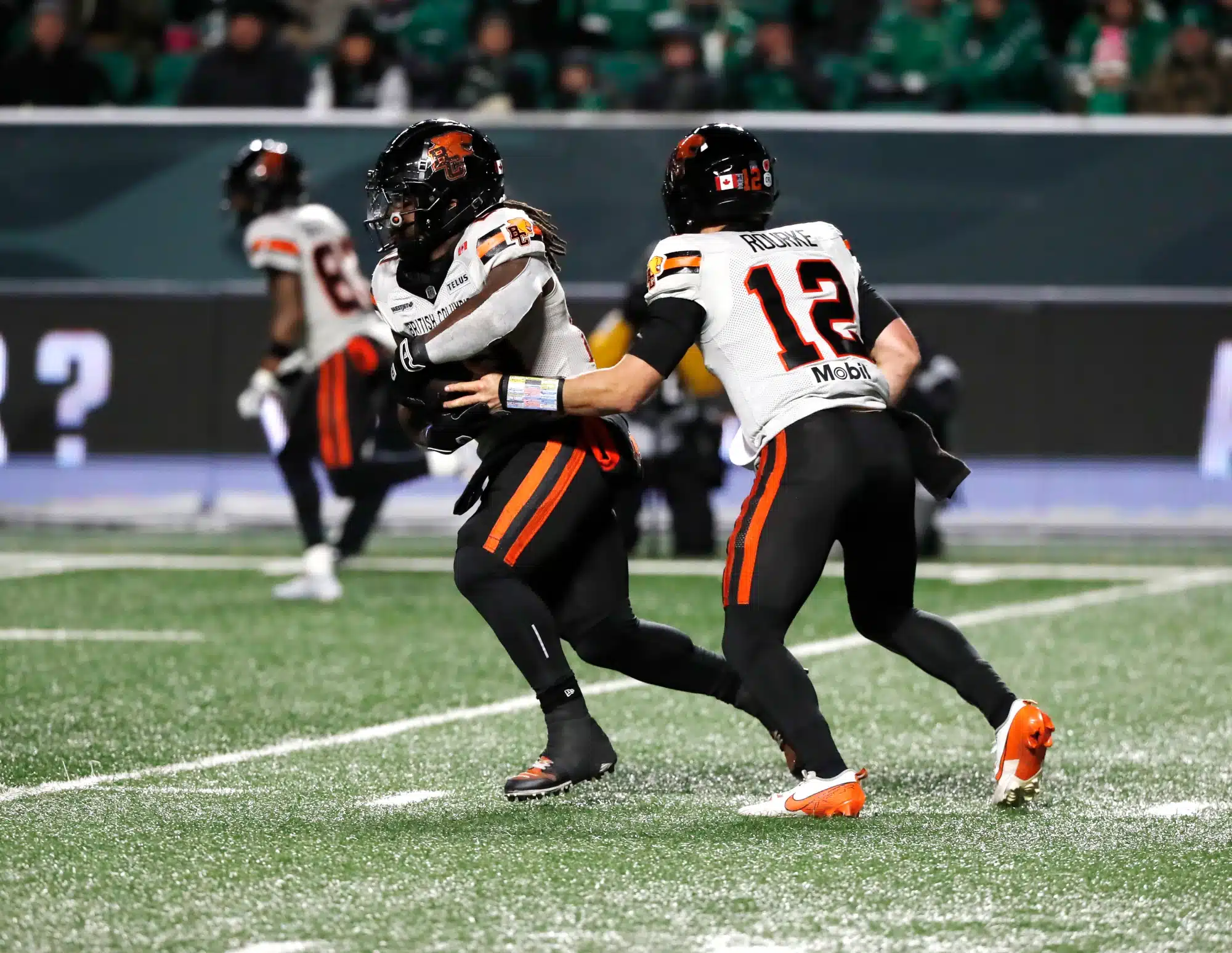 Nov 8, 2025; Regina, Saskatchewan, Canada; BC Lions running back James Butler (20) carries the ball during the first half of the CFL Western Conference Final against the Saskatchewan Roughriders at Mosaic Stadium.