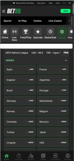 A view of BET99's mobile app on iPhone displaying world cup betting