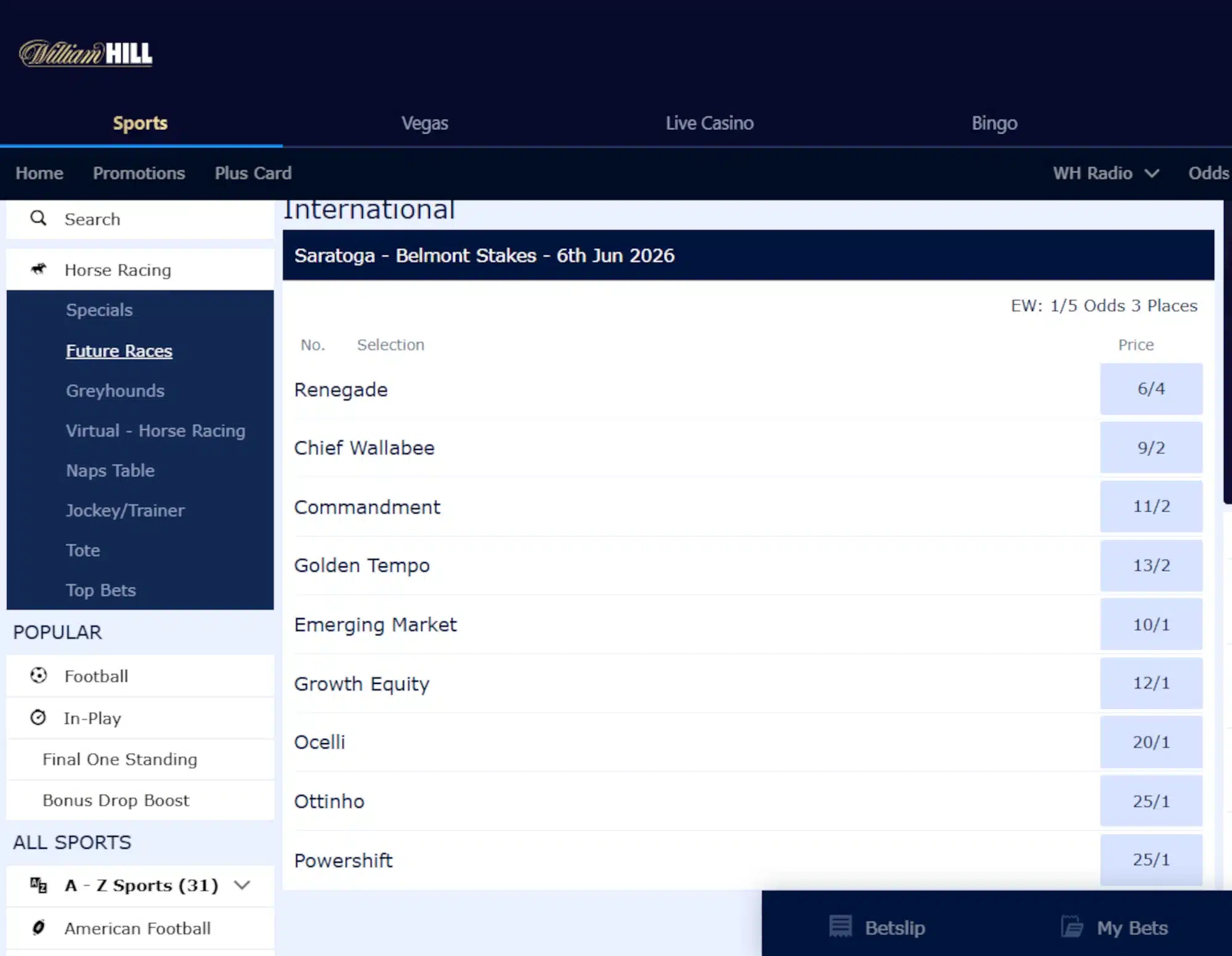 A desktop view screenshot of William Hill's Belmont Stakes odds.