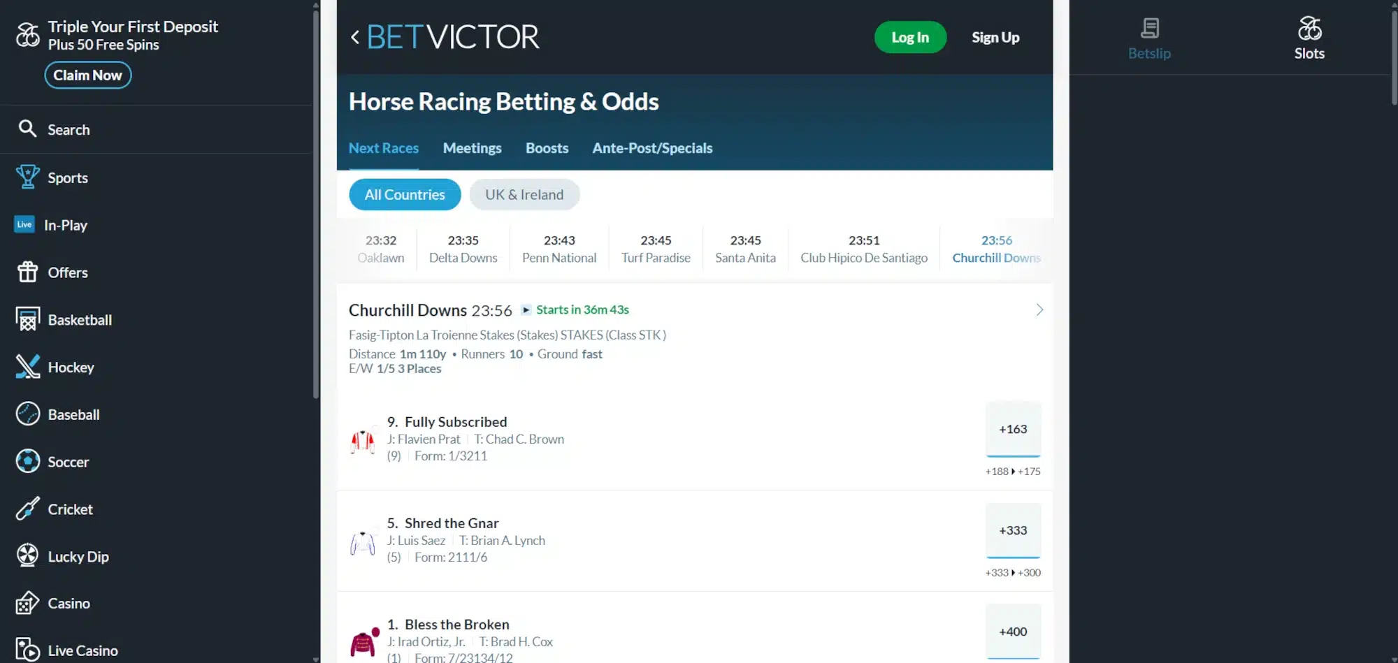 A desktop view screenshot of BetVictor's horse racing betting page.