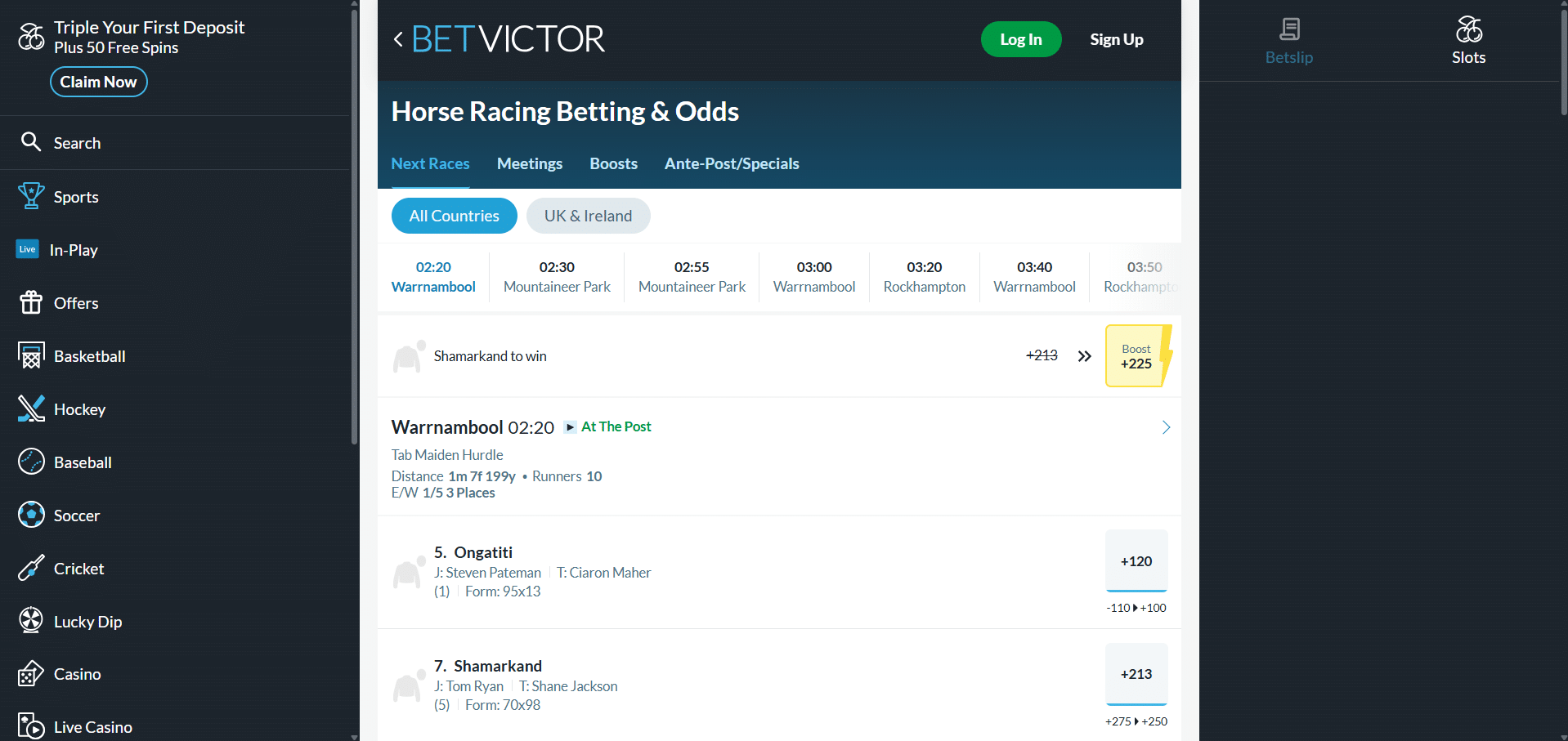 A desktop view screenshot of BetVictor's horse racing betting page.