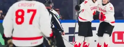 May 24, 2026: Canada's Dylan Cozens celebrates a goal against Slovakia with Macklin Celebrini and Sidney Crosby in Group B action at the 2026 IIHG Men's World Championships