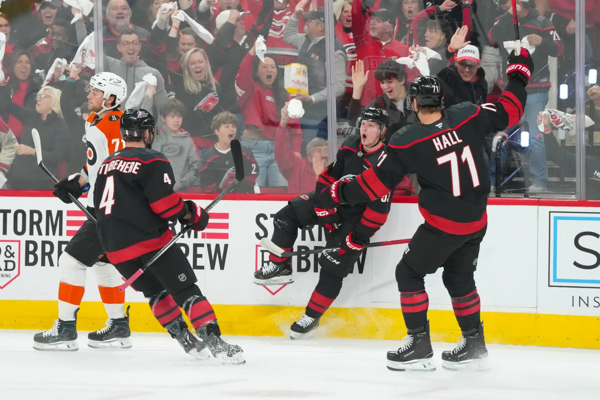 May 2, 2026; Raleigh, North Carolina, USA; Carolina Hurricanes right wing Jackson Blake (53) celebrates his goal against the Philadelphia Flyers during the first period at Lenovo Center. 