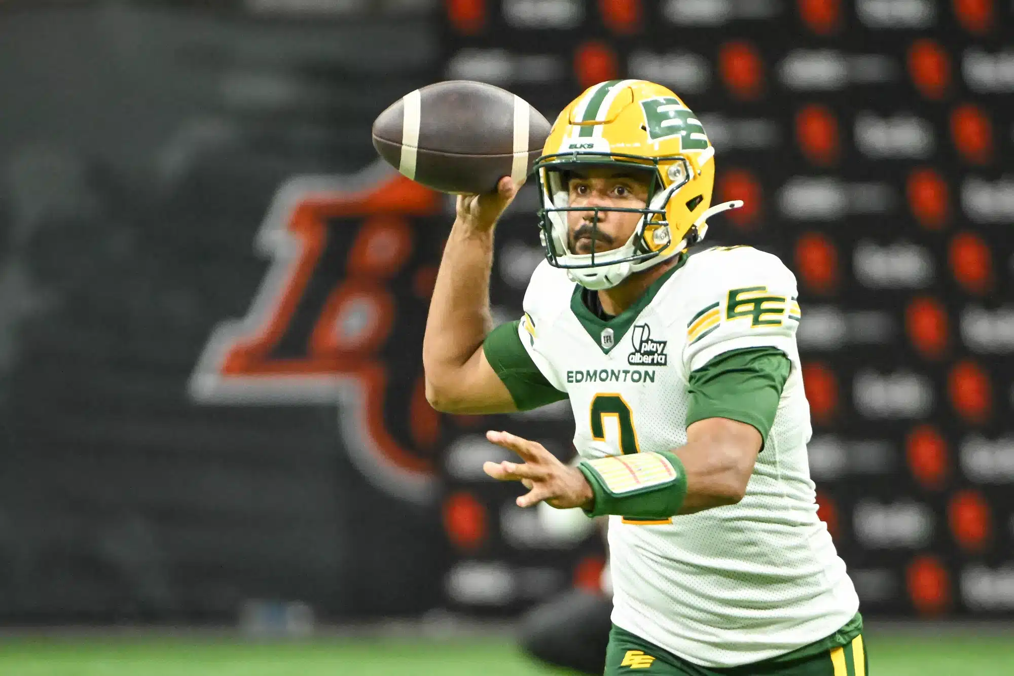 Jun 7, 2025; Vancouver, British Columbia, Canada; Edmonton Elks quarterback Tre Ford (2) looks to pass the ball during the second half against the BC Lions at BC Place Stadium.